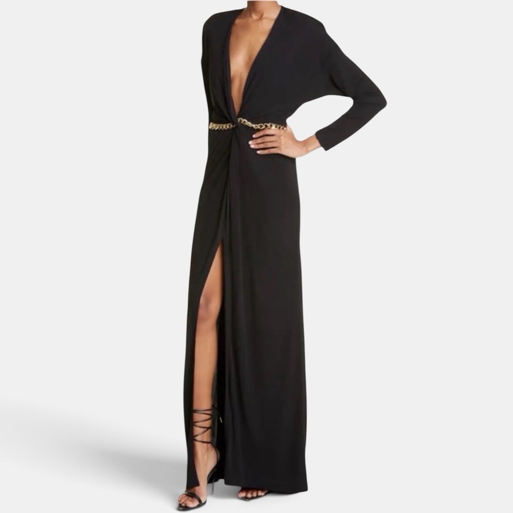 $1450 Dundas Long Sleeve Plunging Neckline Chain Gown